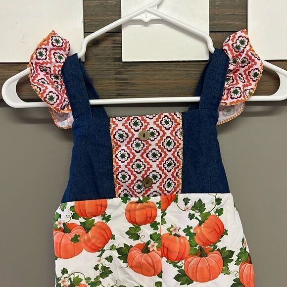 Pumpkin Girls Sleeveless Ruffles Pull-On Fall Pattern Overalls *see measurements - Picture 3 of 11